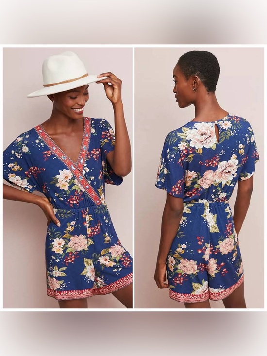 FARM Rio Pants - FARM Rio Navy Floral Romper with Pink & Cream Blooms